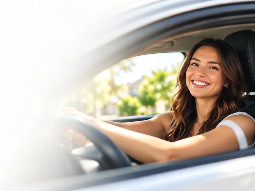 A driver smiling behind the wheel of her car