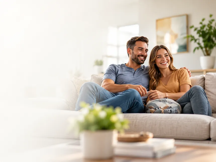 A couple relaxing on a new sofa at home