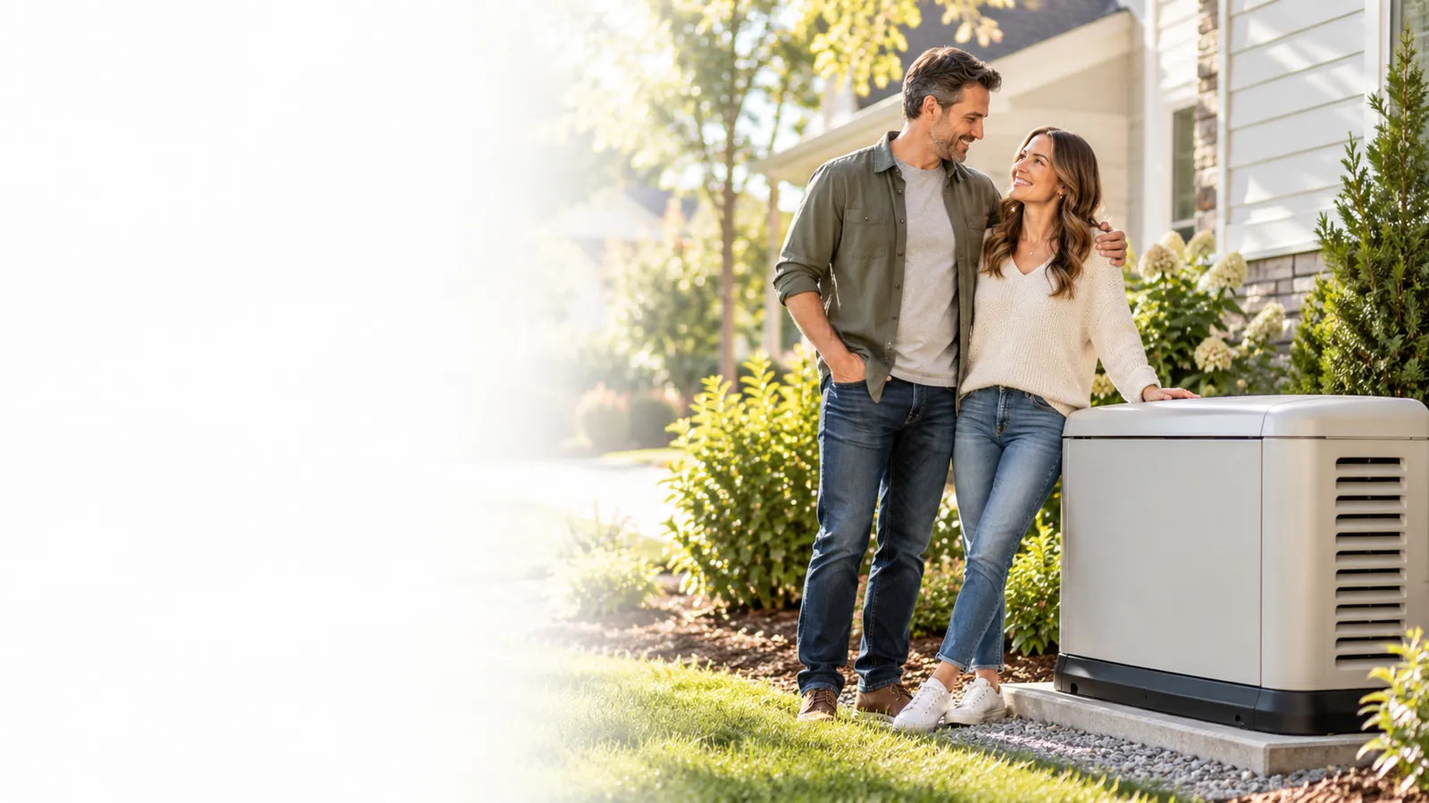 Couple standing beside a home backup generator