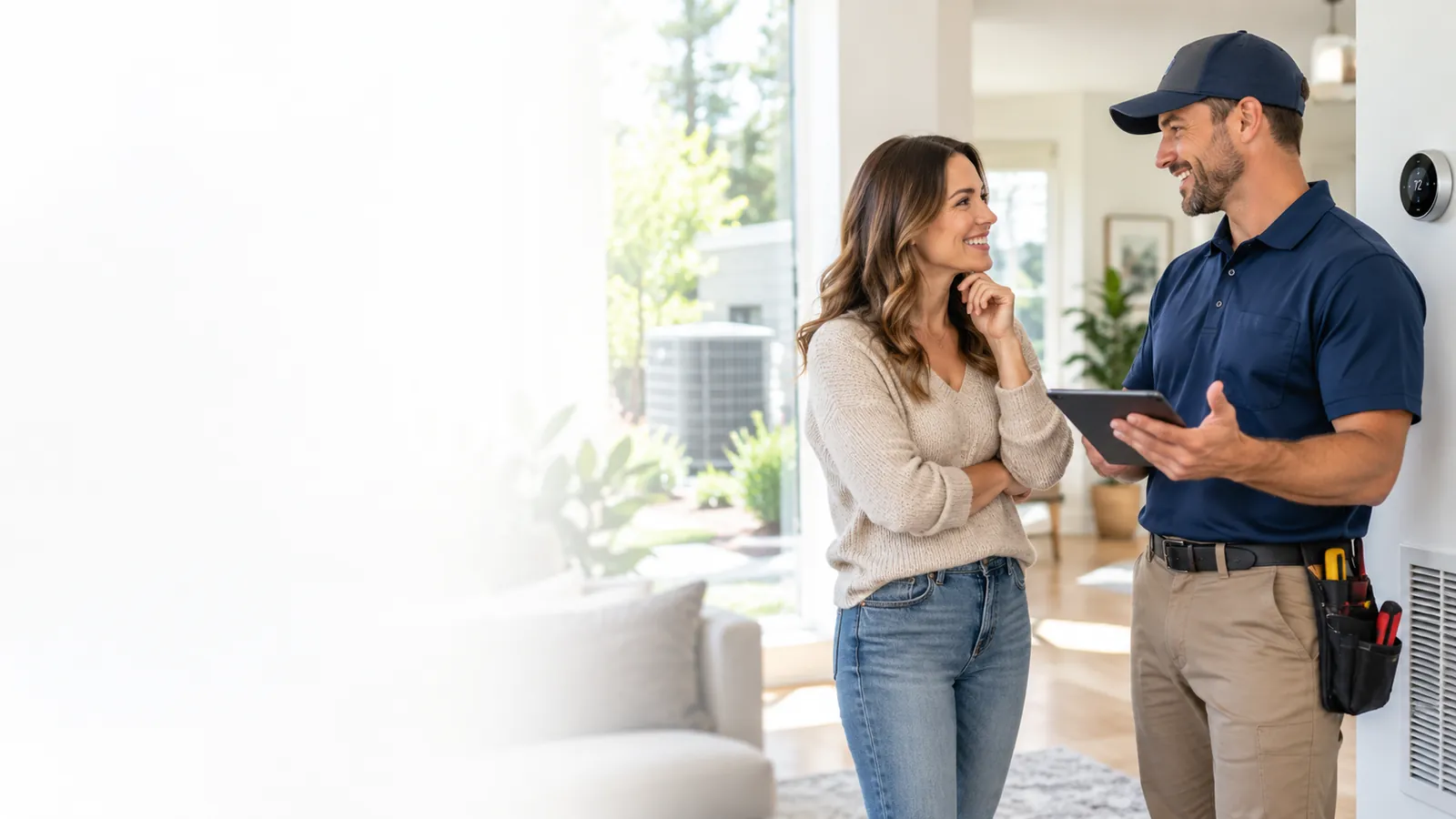 Homeowner speaking with an HVAC technician during a home consultation