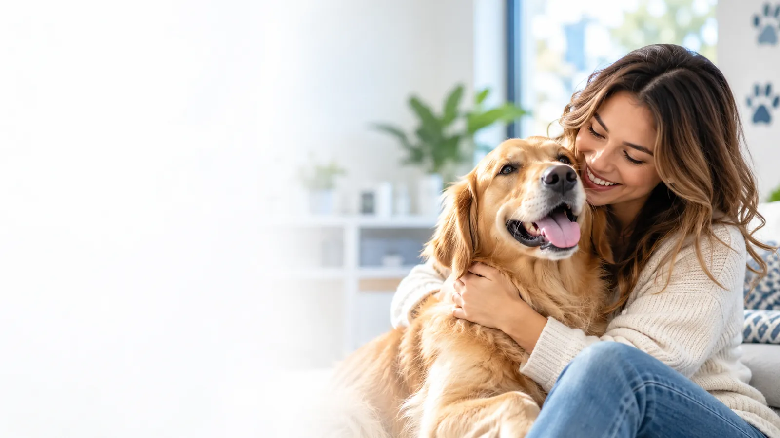 Woman hugging a golden retriever in a bright pet care setting